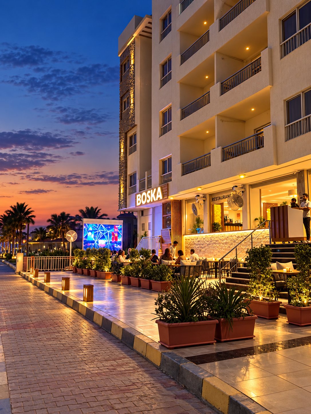 Boska restaurant and café, La Quinta, at dusk